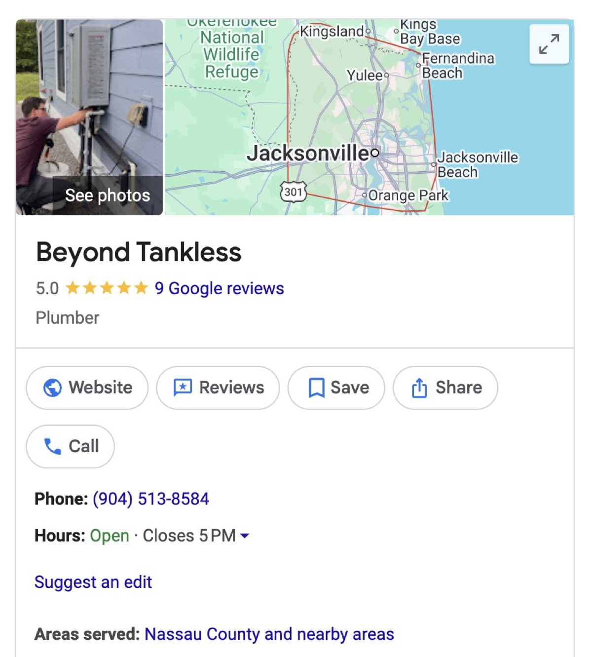 Beyond Tankless Google profile — 5.0 stars across 9 Google reviews