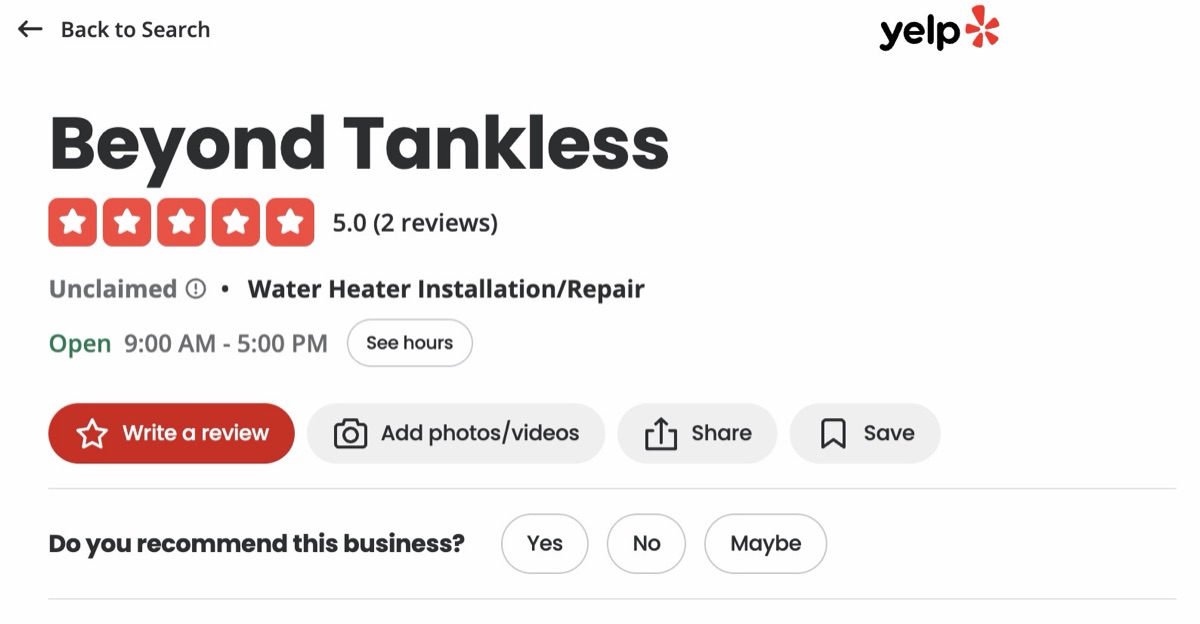 Beyond Tankless Yelp profile — 5.0 stars across customer reviews